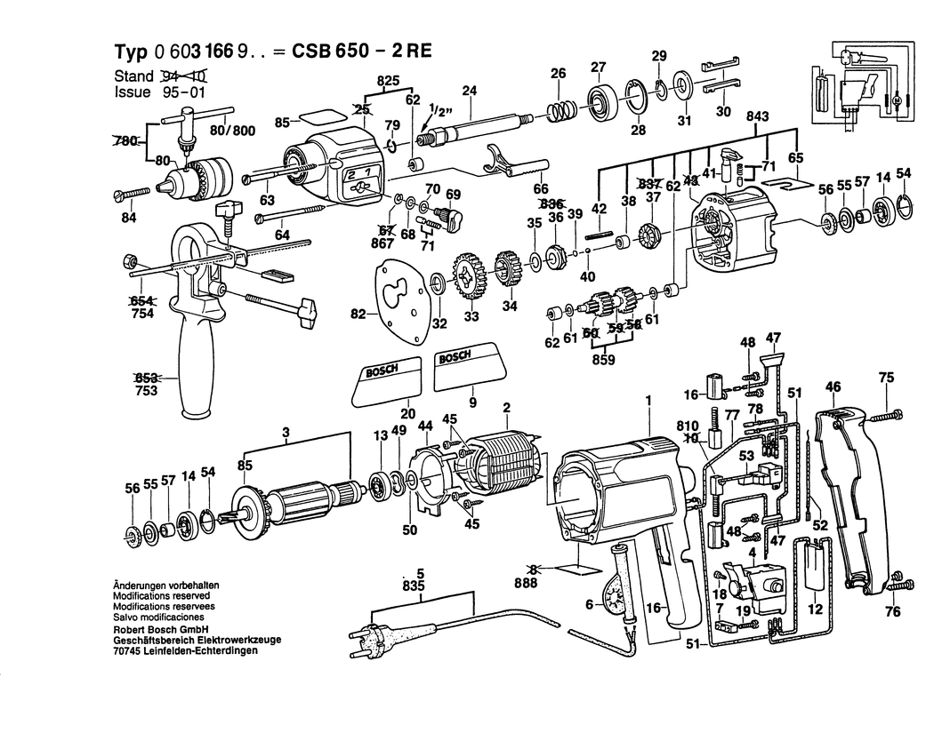 Bosch CSB 650-2 RE / 0603166932 / CH 220 Volt Spare Parts