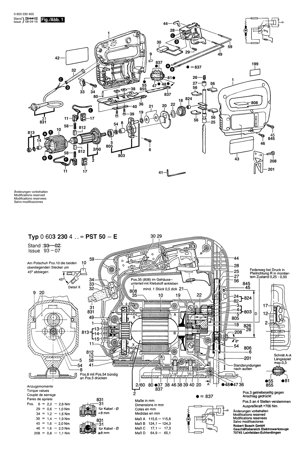 Bosch PST 50-E / 0603230432 / CH 220 Volt Spare Parts