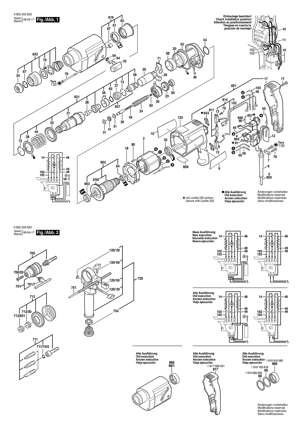 Bosch PBH 20-RLE / 0603243632 / CH 220 Volt Spare Parts