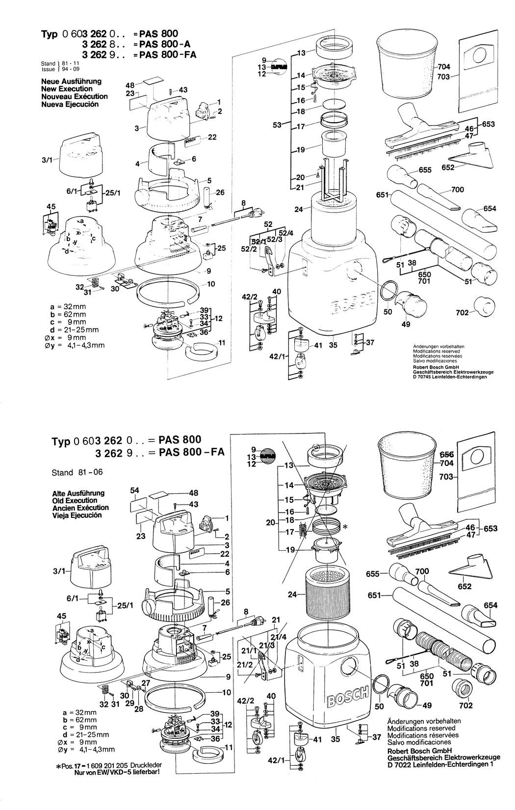 Bosch PAS 800 / 0603262061 / DK 220 Volt Spare Parts