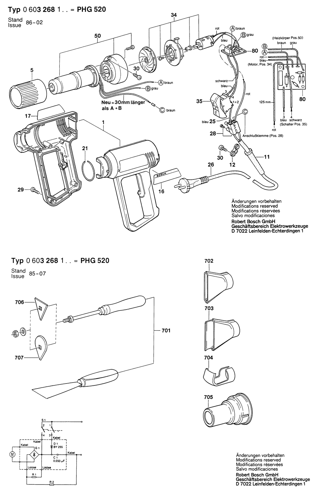 Bosch PHG 520 / 0603268132 / CH 220 Volt Spare Parts