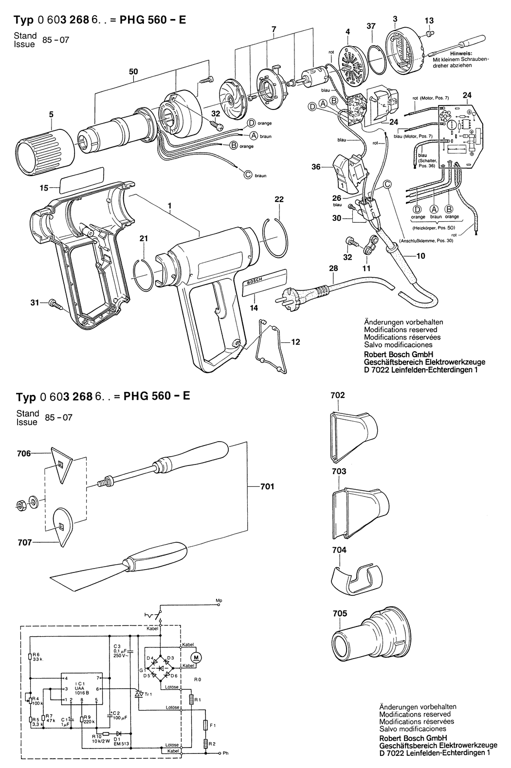 Bosch PHG 560-E / 0603268632 / CH 220 Volt Spare Parts