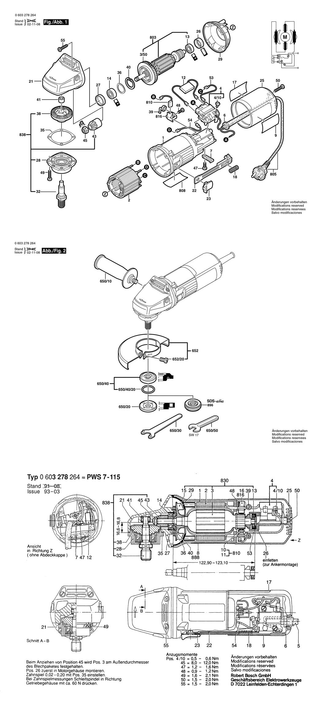 Bosch PWS 7-115 / 0603278264 / F 220 Volt Spare Parts