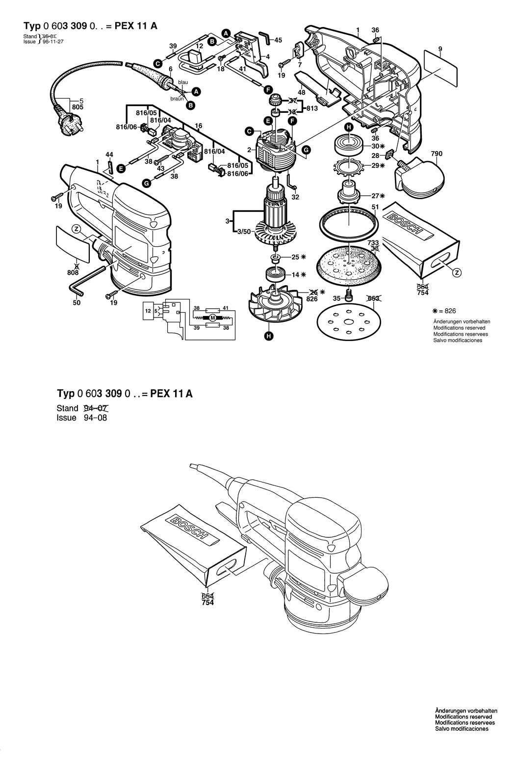 Bosch PEX 11 A / 0603309032 / CH 230 Volt Spare Parts