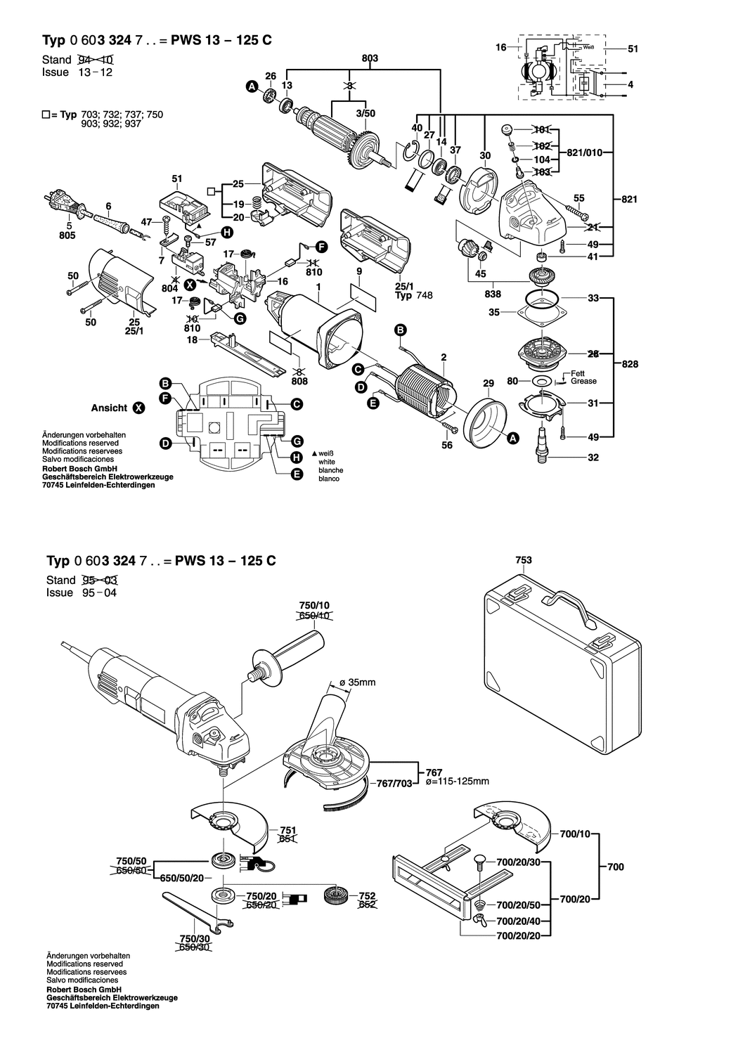 Bosch PWS 13-125 C / 0603324748 / F 230 Volt Spare Parts