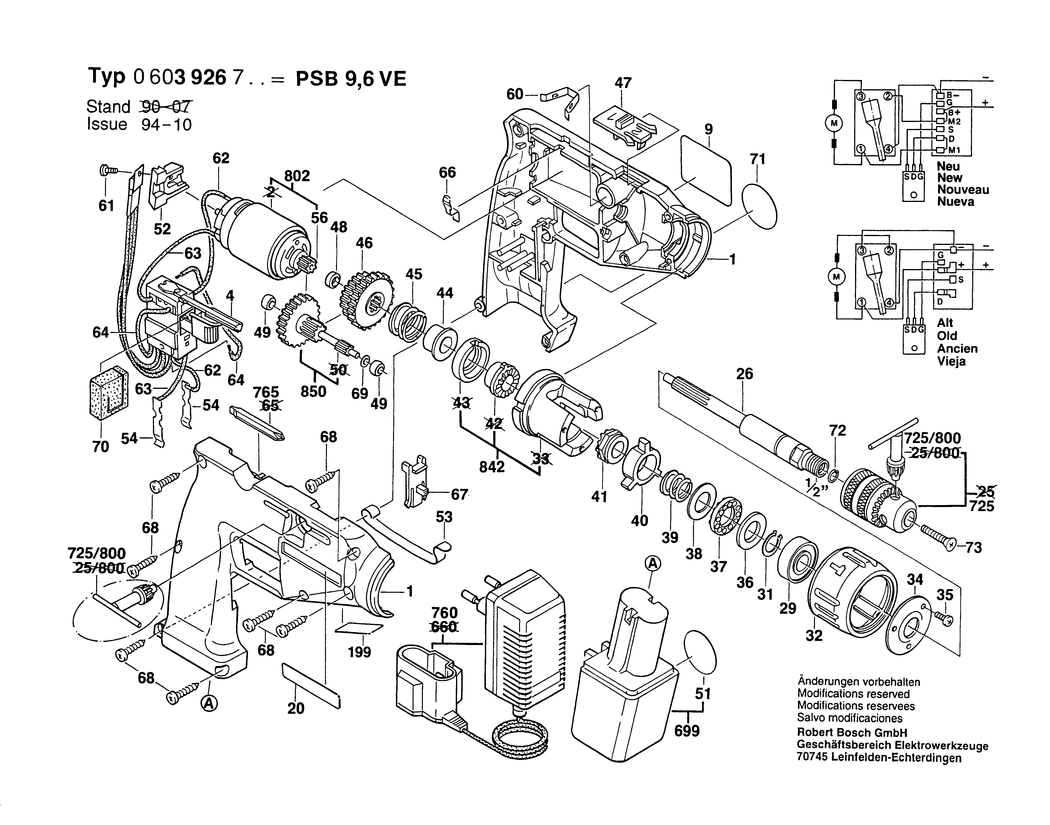 Bosch PSB 9.6 VE / 0603926703 / EU 9.6 Volt Spare Parts