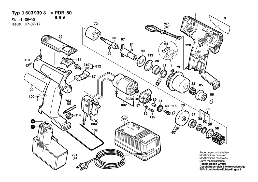 Bosch PDR 9.6 VE / 0603939827 / EU 9.6 Volt Spare Parts