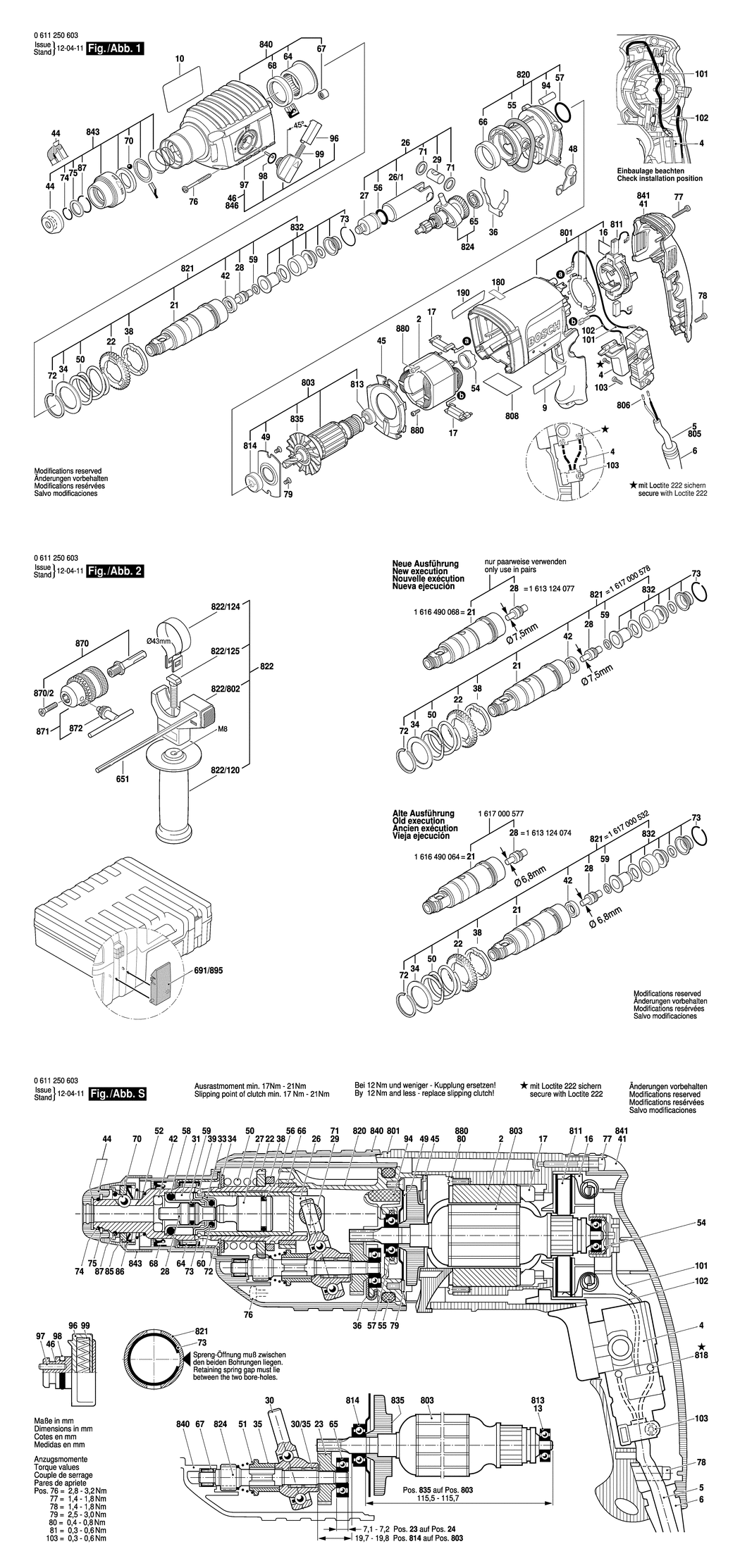 Bosch GBH 2-22 E / 0611250603 / EU 230 Volt Spare Parts