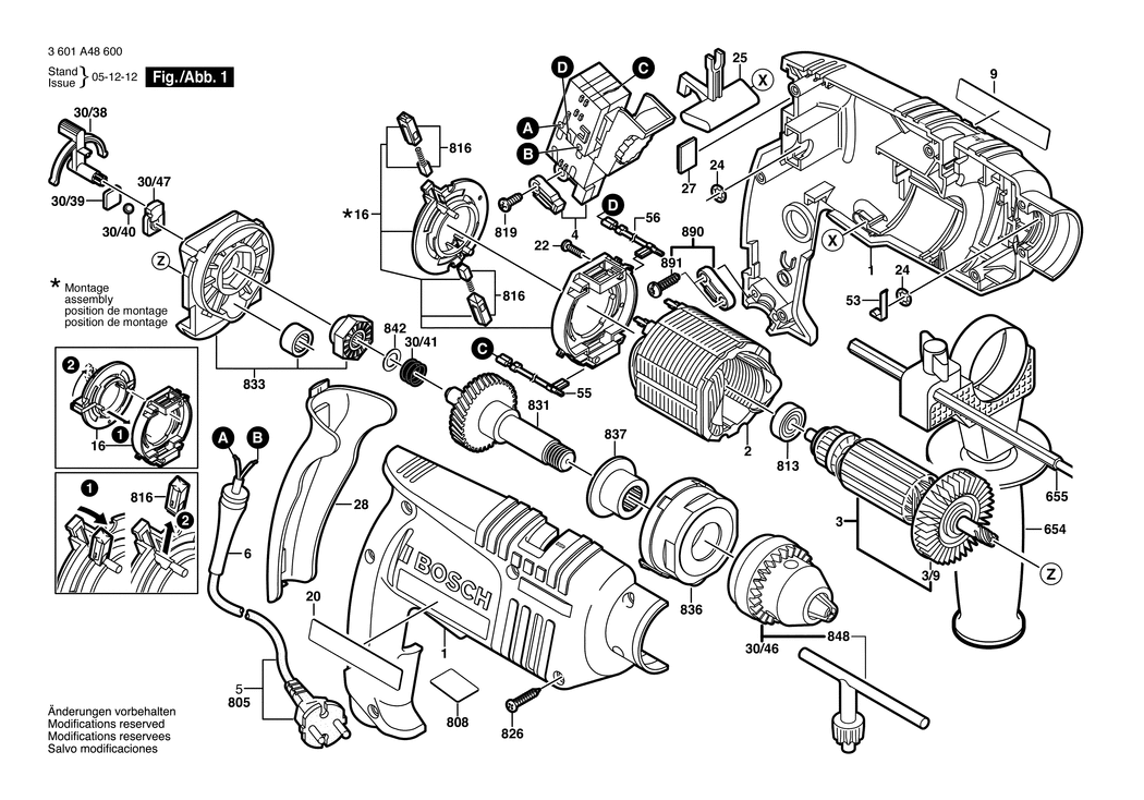 Bosch GSB 16 RE / 3601A48600 / EU 230 Volt Spare Parts