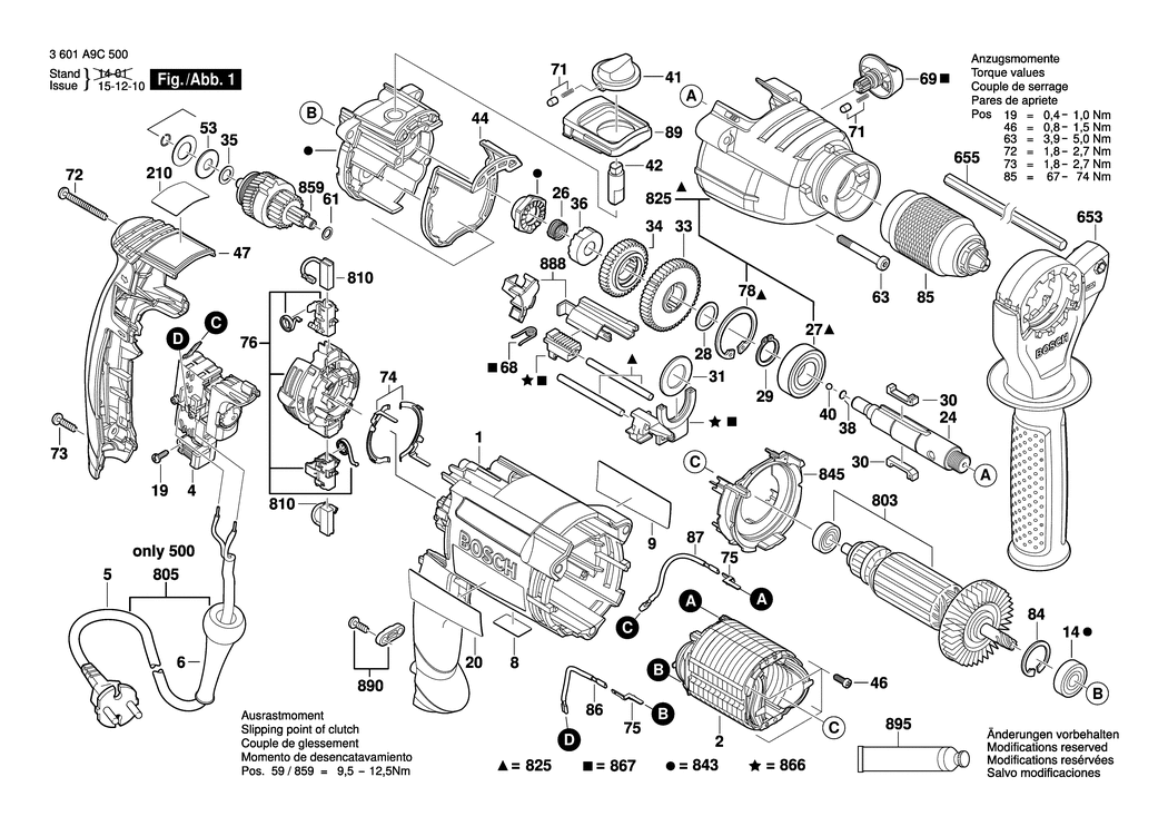 Bosch GSB 21-2 RE / 3601A9C500 / EU 230 Volt Spare Parts