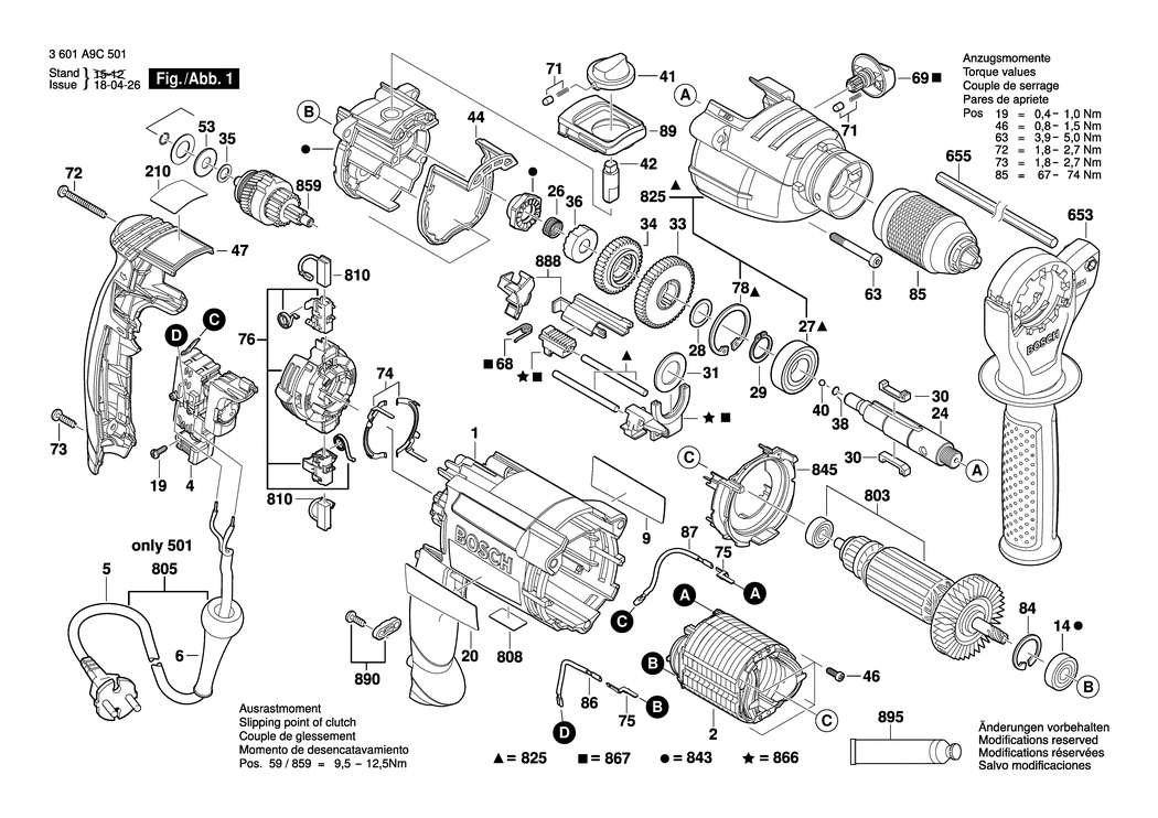 Bosch GSB 21-2 RE / 3601A9C501 / EU 230 Volt Spare Parts