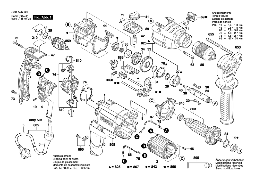 Bosch GSB 21-2 RE / 3601A9C571 / GB 230 Volt Spare Parts