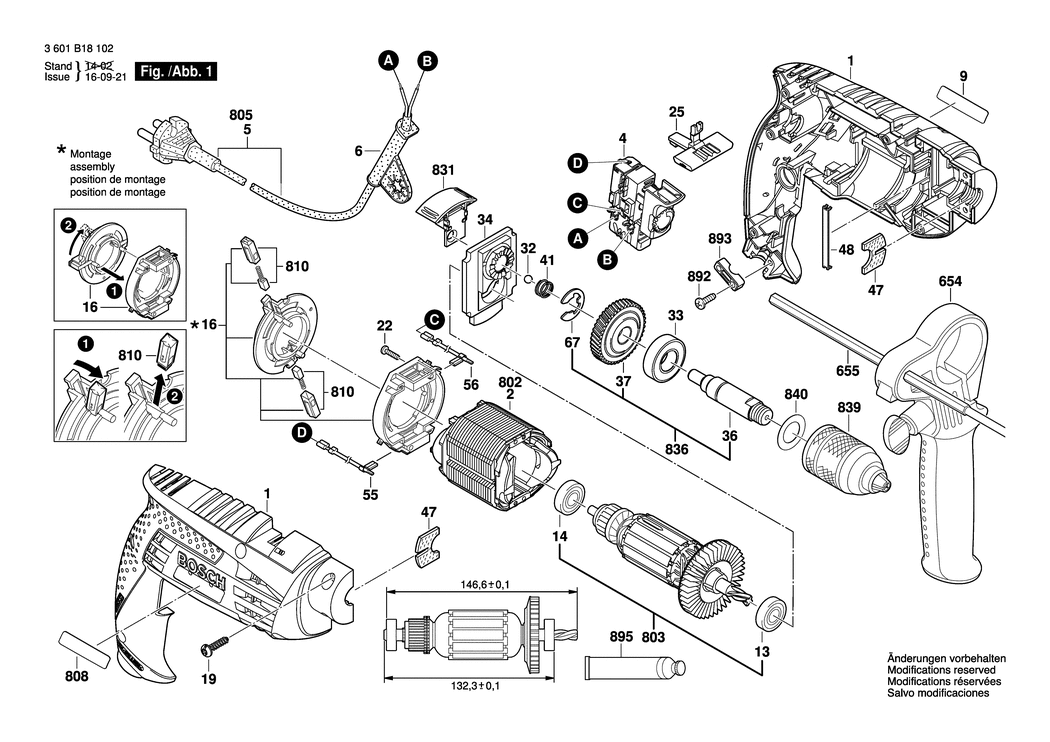 Bosch GSB 1600 RE / 3601B18102 / EU 230 Volt Spare Parts