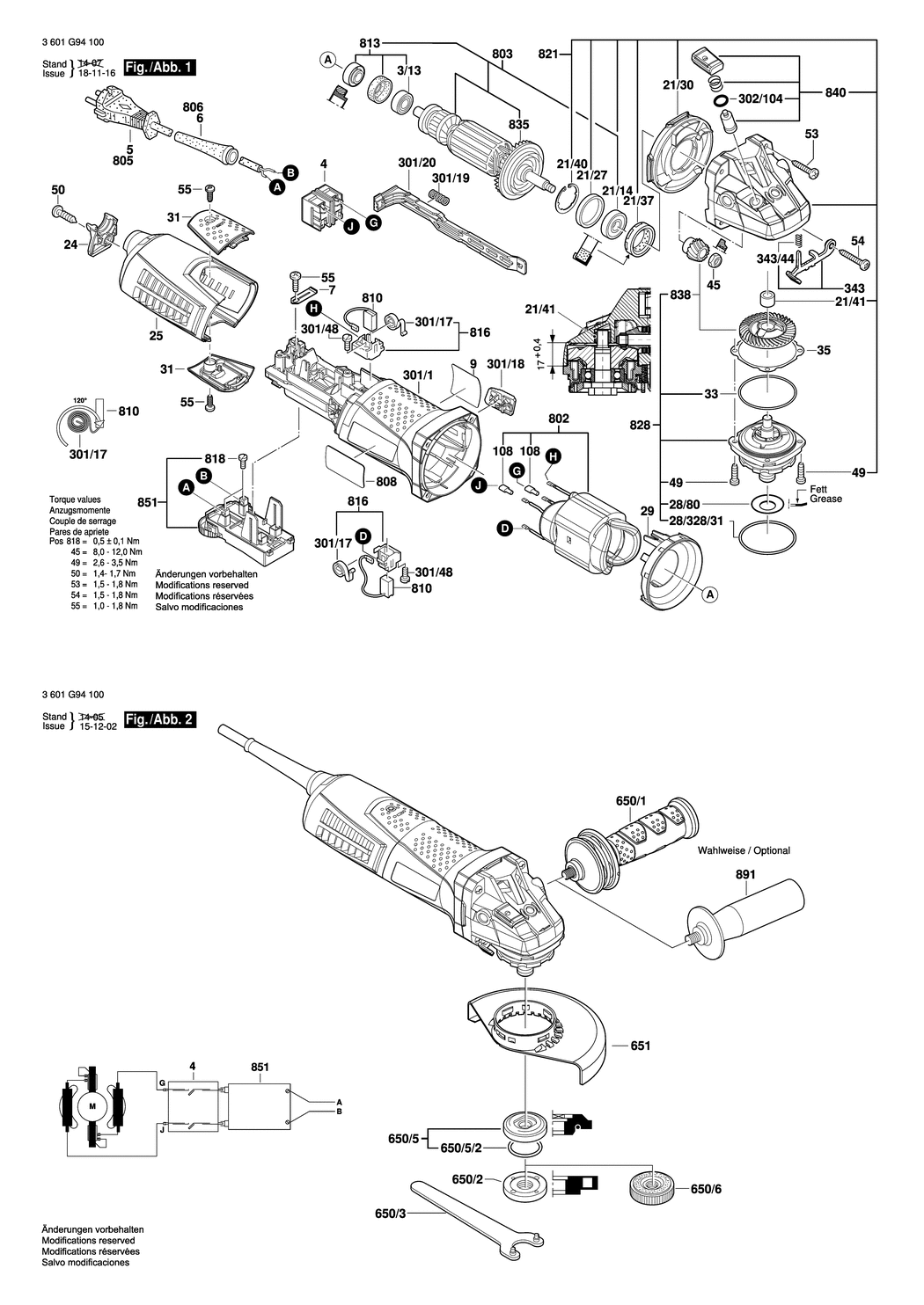 Bosch GWS 12-125 CIEX / 3601G94100 / EU 230 Volt Spare Parts