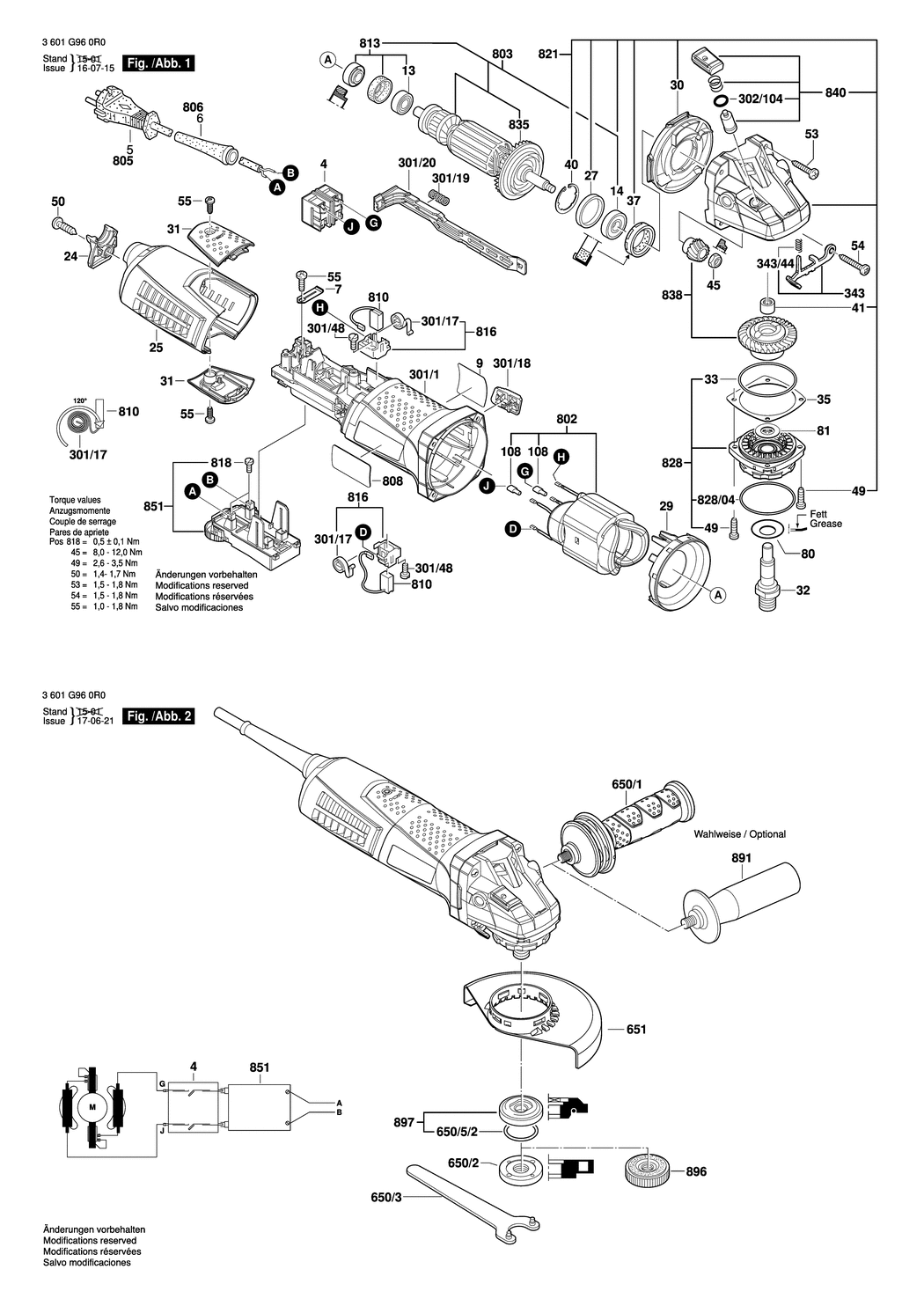 Bosch GWS 17-125 CIE / 3601G960R0 / EU 230 Volt Spare Parts