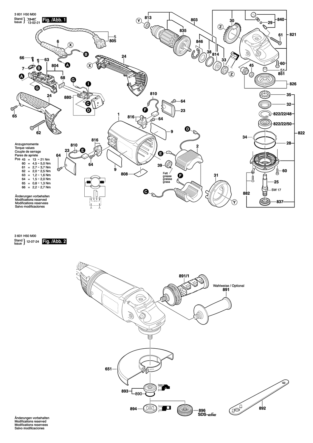 Bosch GWS 20-230JH / 3601H50M00 / EU 230 Volt Spare Parts