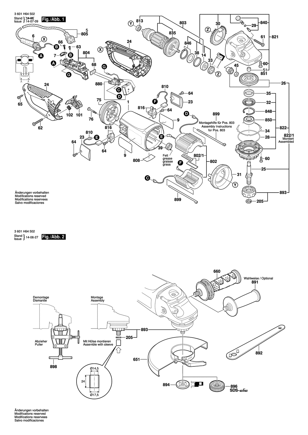 Bosch GWS 24-230 JVX / 3601H64502 / EU 230 Volt Spare Parts