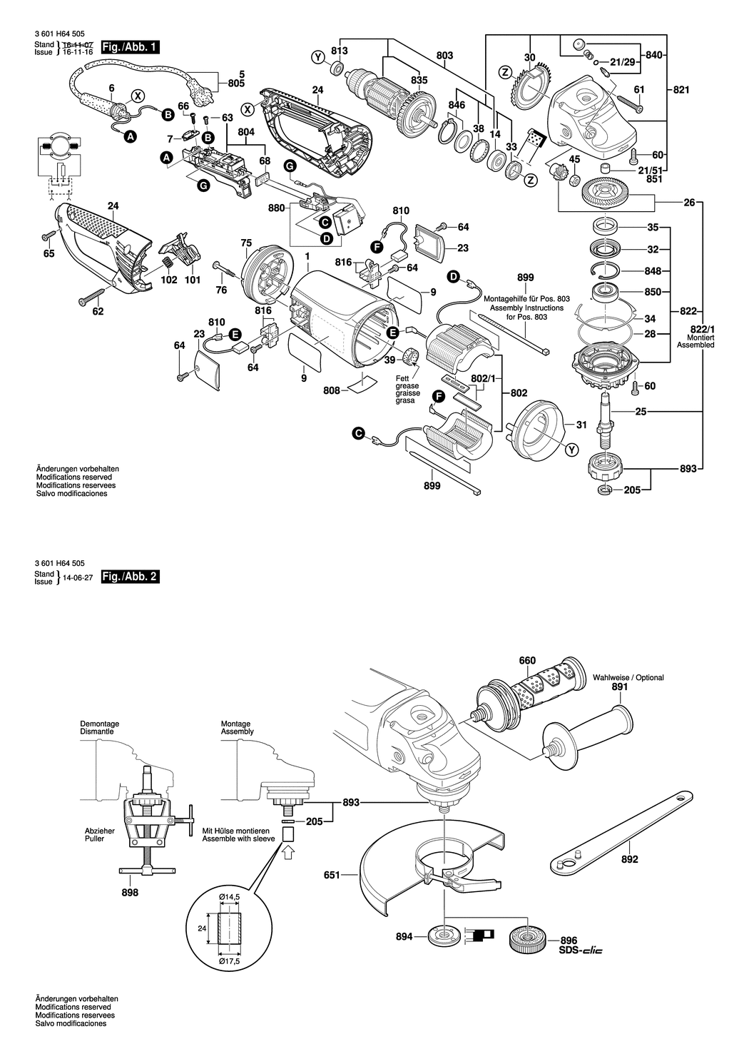 Bosch GWS 24-230 JVX / 3601H64505 / EU 230 Volt Spare Parts