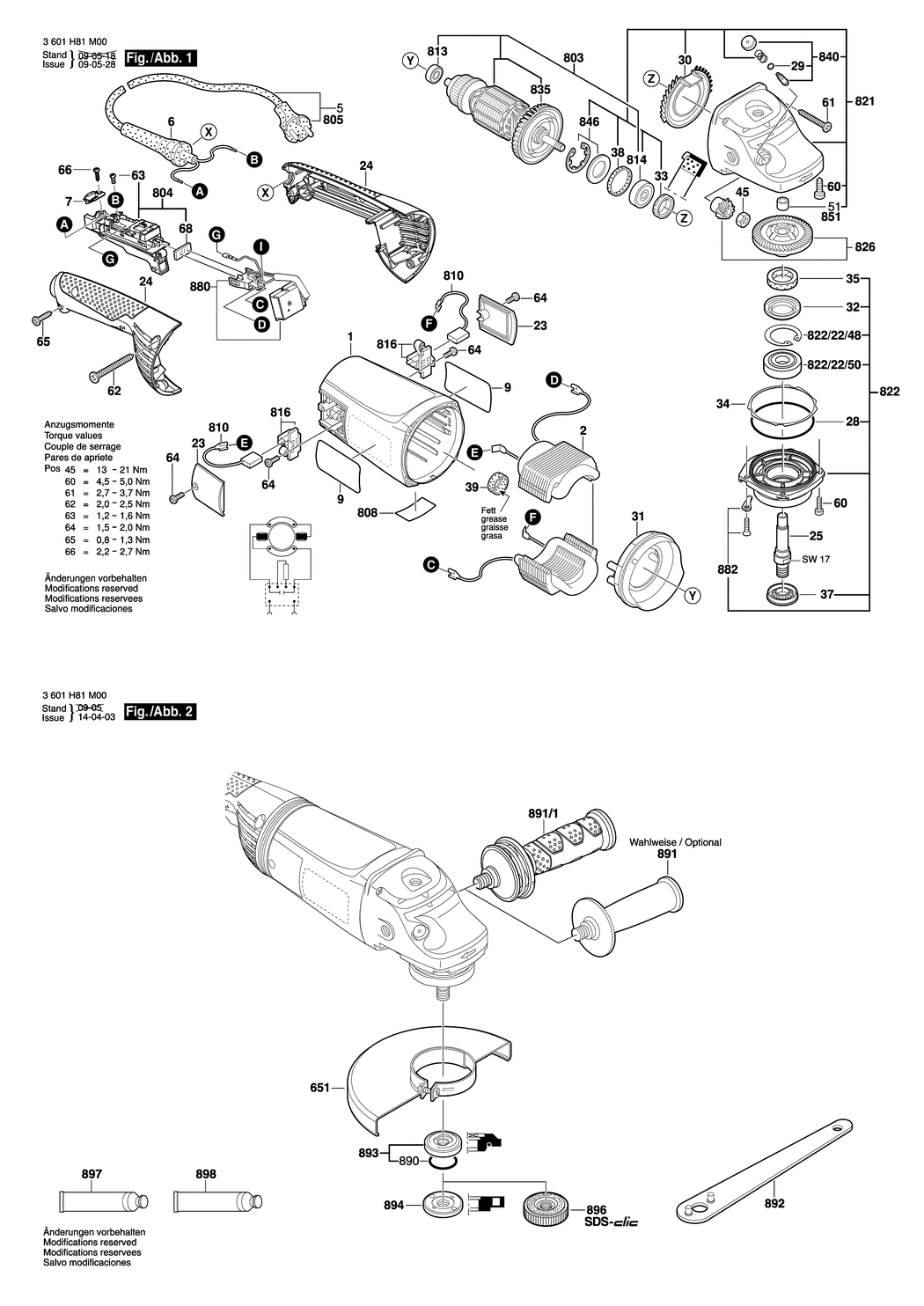 Bosch GWS 22-180 JH / 3601H81M00 / EU 230 Volt Spare Parts