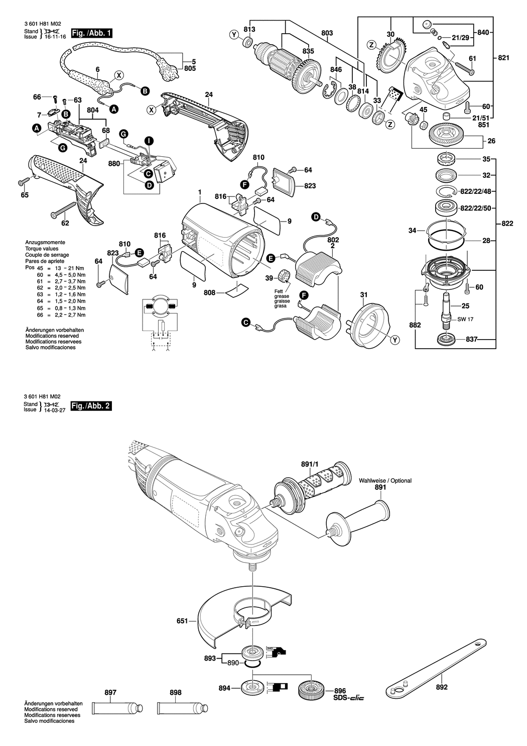 Bosch GWS 22-180 JH / 3601H81M02 / EU 230 Volt Spare Parts