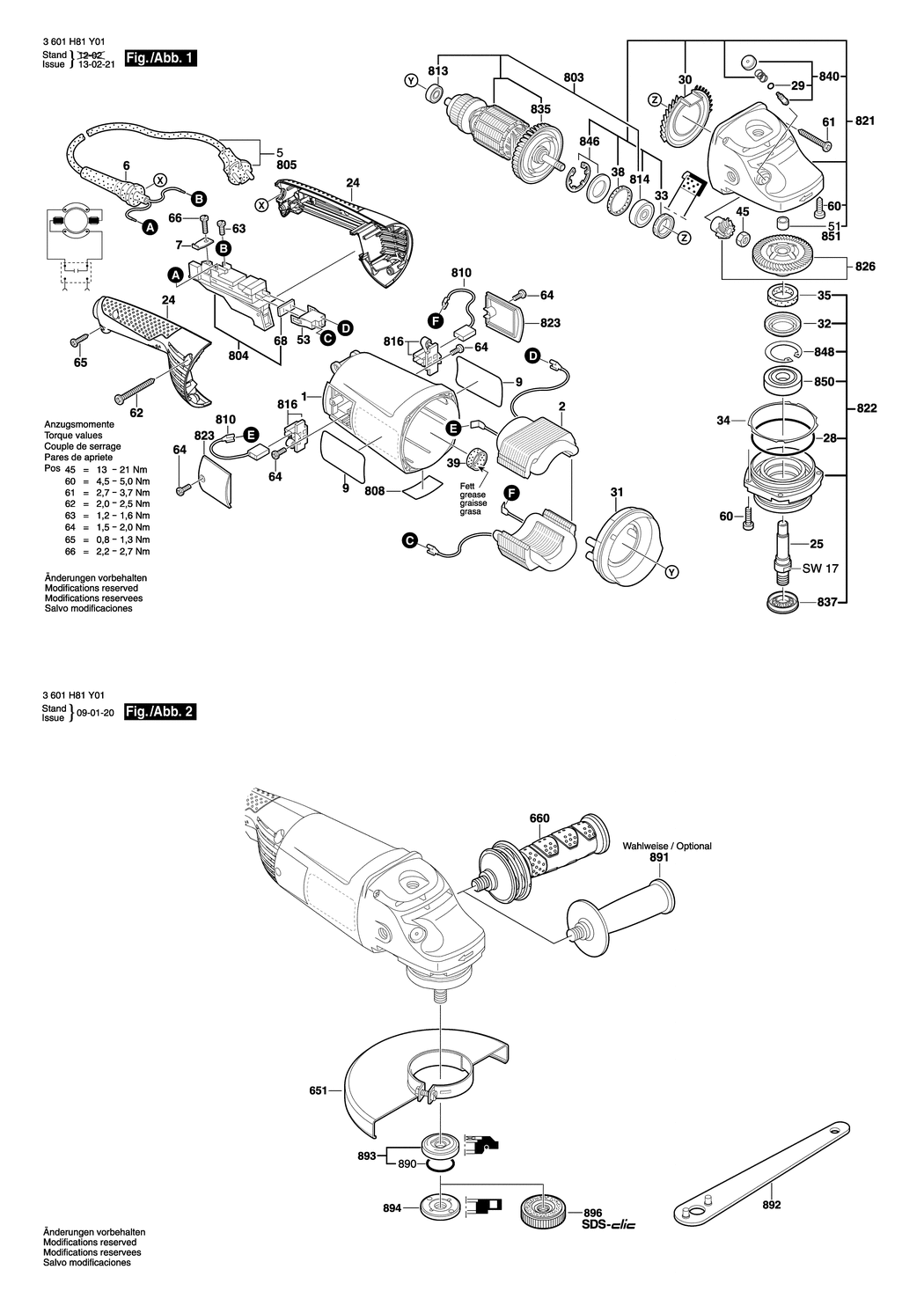 Bosch GWS 22-180 H / 3601H81Y01 / EU 230 Volt Spare Parts