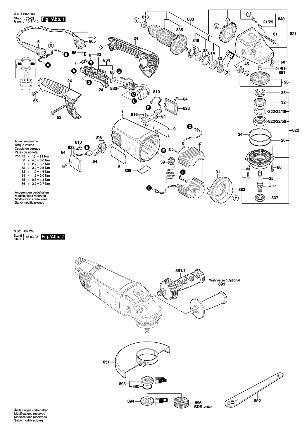 Bosch GWS 22-230 JH / 3601H82203 / EU 230 Volt Spare Parts