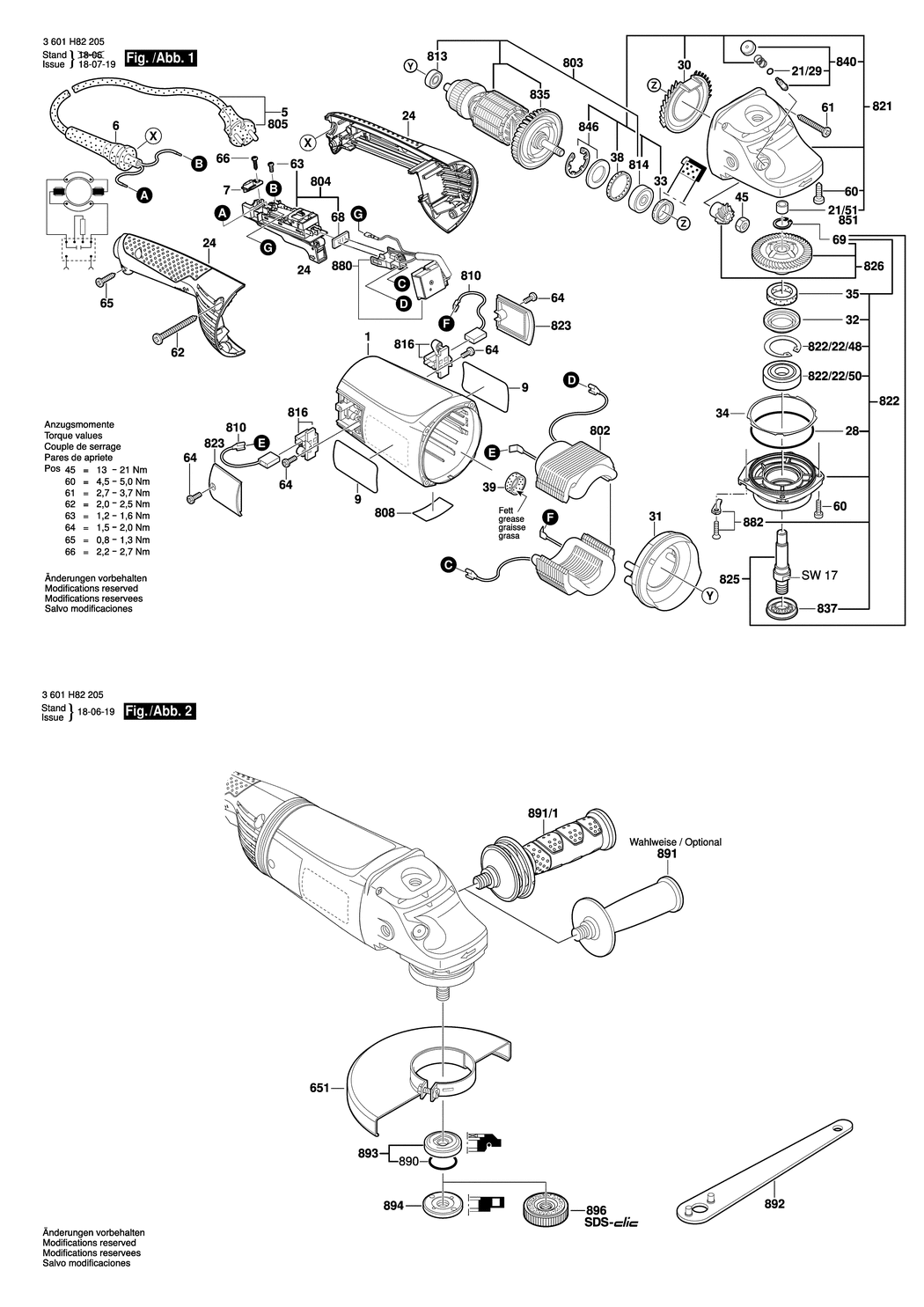 Bosch GWS 22-230 JH / 3601H82205 / EU 230 Volt Spare Parts