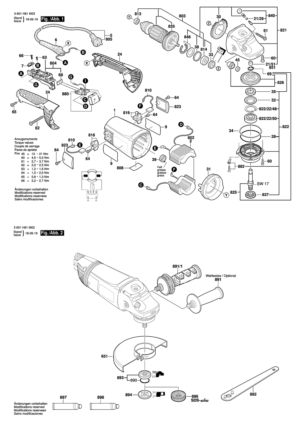 Bosch GWS 22-230 JH / 3601H82M33 / CH 230 Volt Spare Parts