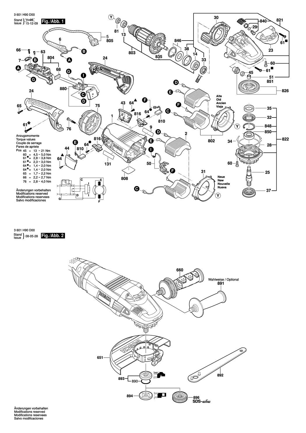 Bosch GWS 22-180 LVI / 3601H90D00 / EU 230 Volt Spare Parts