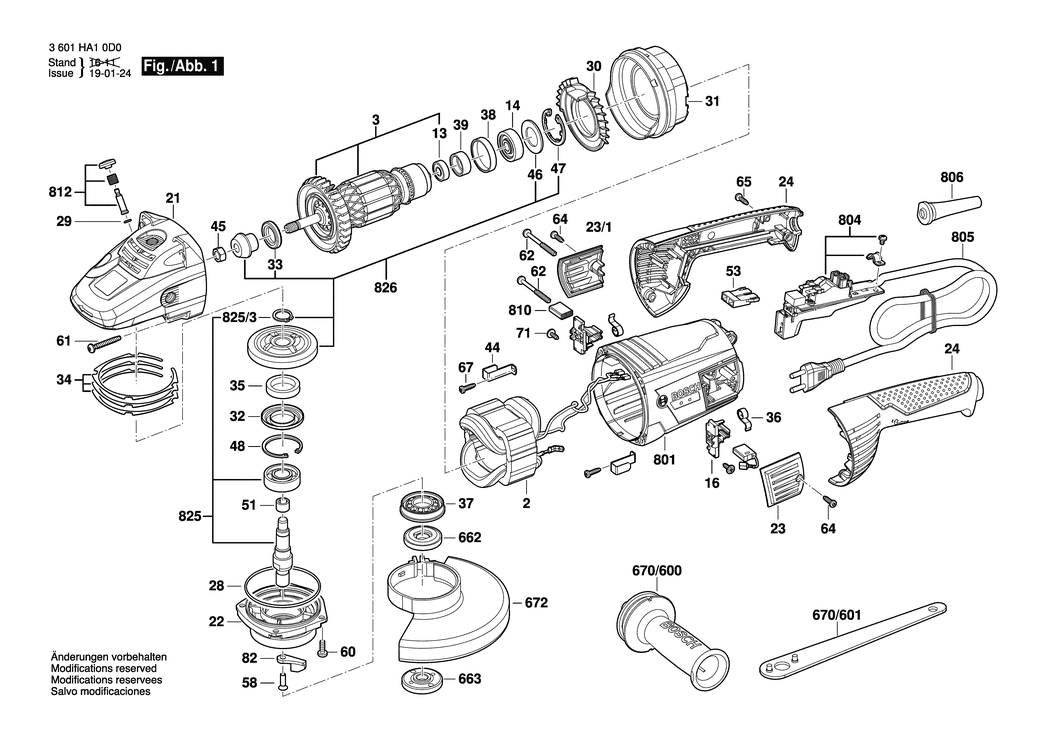 Bosch GWS 26-230 / 3601HA60K0 / EU 220 Volt Spare Parts