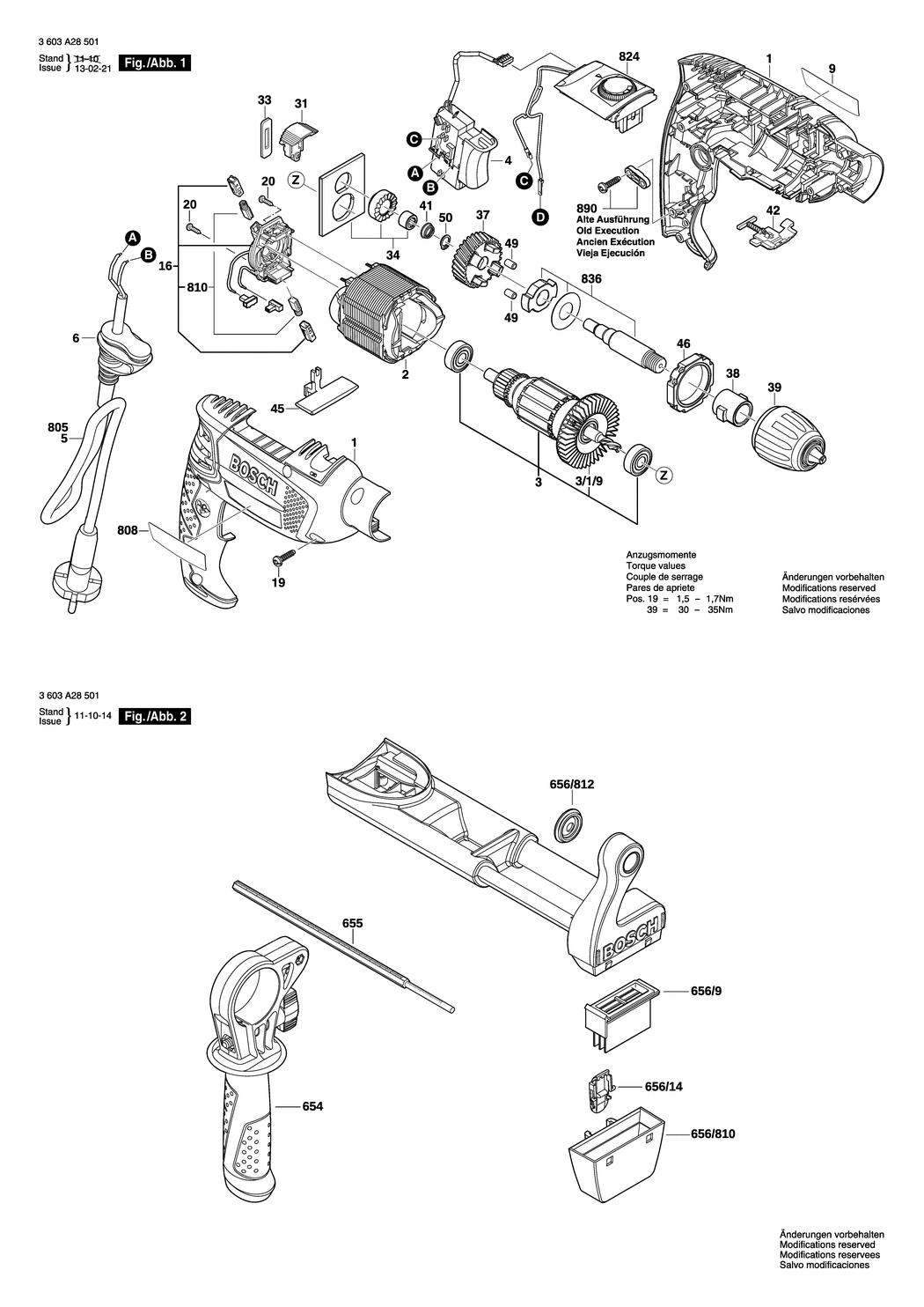 Bosch PSB 750 RCA / 3603A28531 / CH 230 Volt Spare Parts