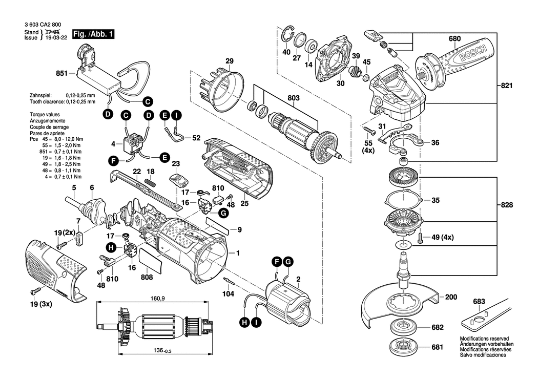 Bosch PWS 1000-125 CE / 3603CA2830 / CH 230 Volt Spare Parts