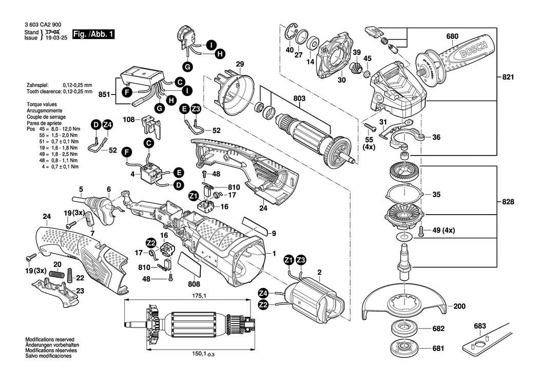 Bosch PWS 1300-125 CE / 3603CA2930 / CH 230 Volt Spare Parts