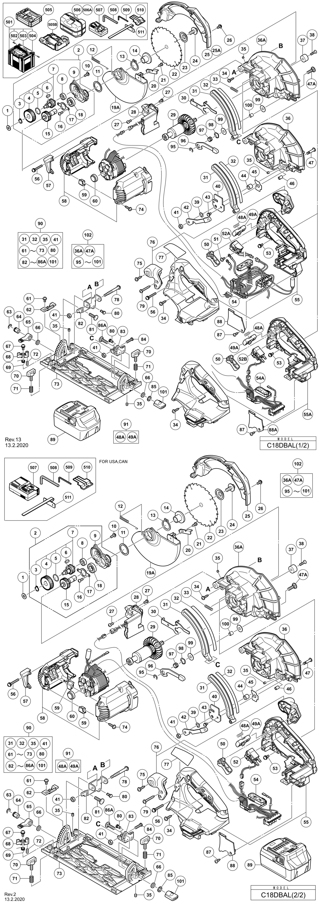 Hitachi / Hikoki C18DBAL Cordless Circular Saw Spare Parts