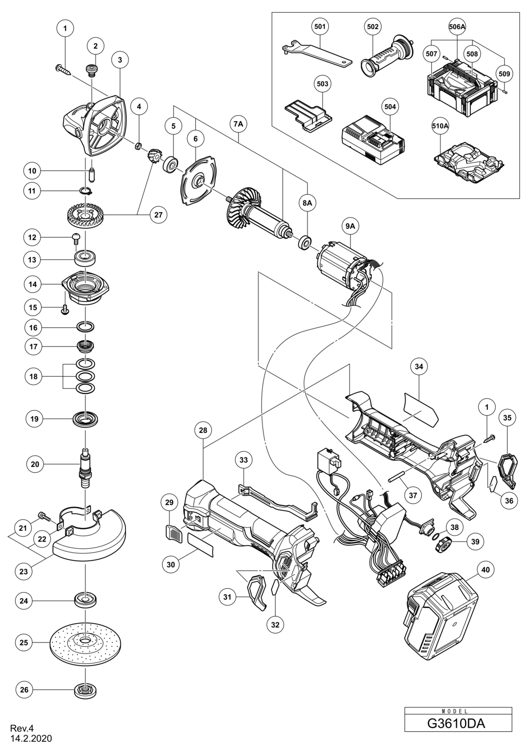 Hitachi / Hikoki G3610DA Cordless Disc Grinder Spare Parts