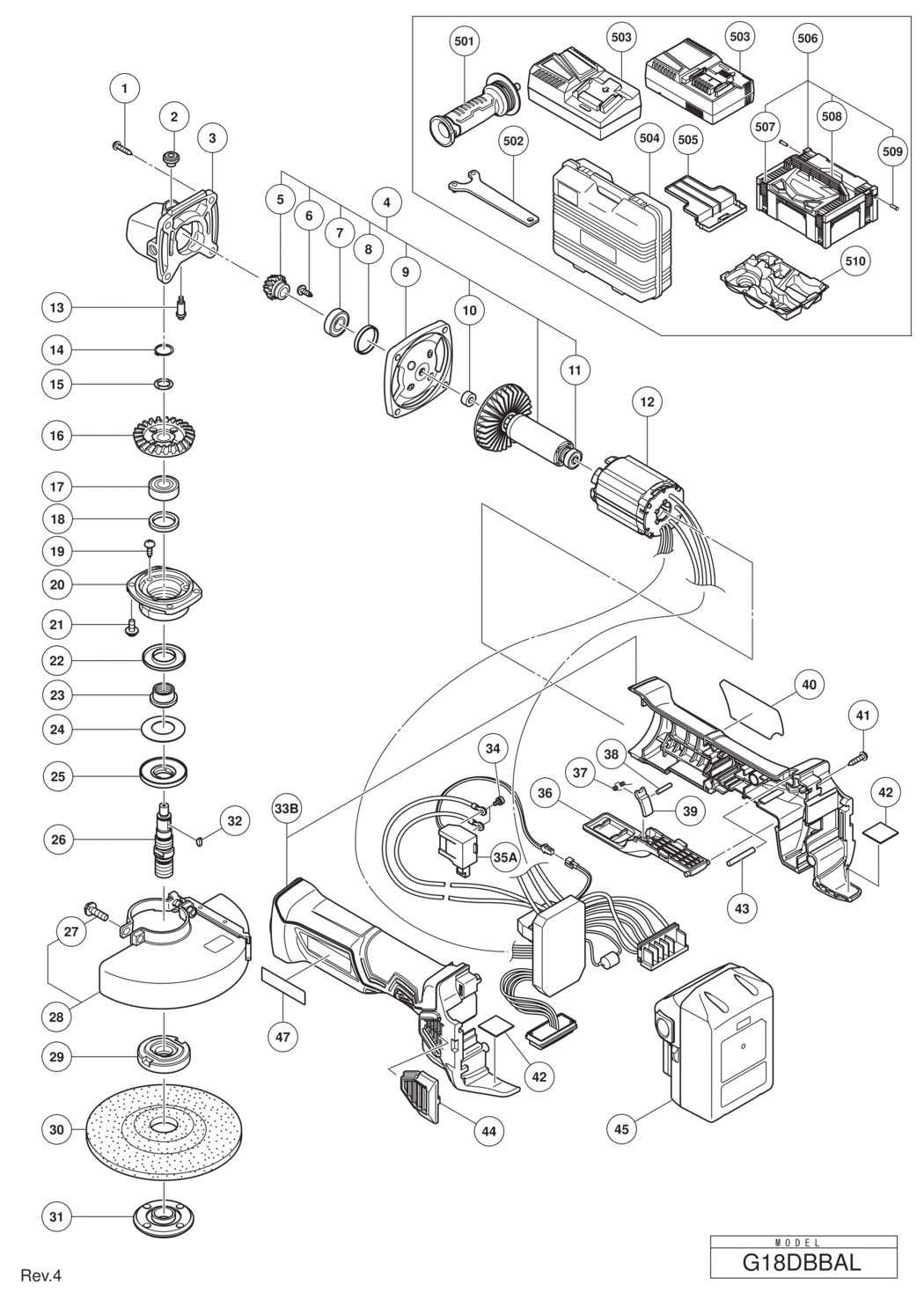 Hitachi / Hikoki G18DBBAL Cordless Disc Grinder Spare Parts