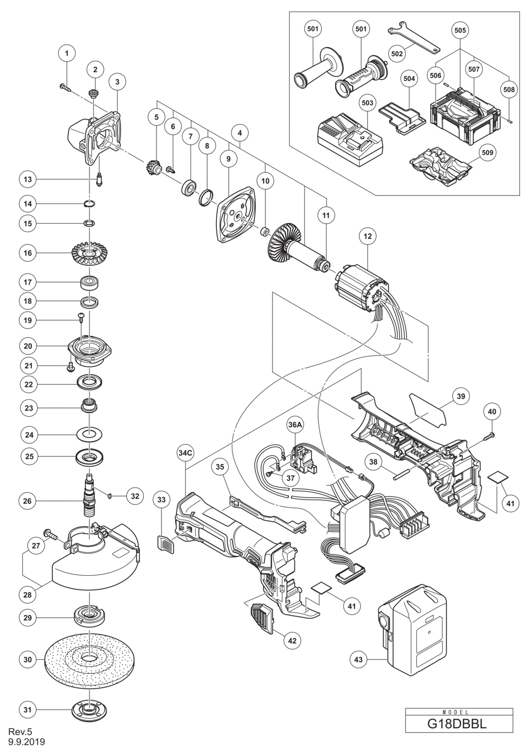 Hitachi / Hikoki G18DBBL Cordless Disc Grinder Spare Parts