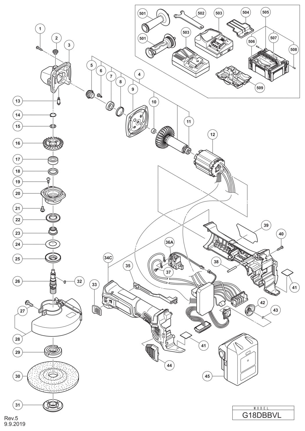 Hitachi / Hikoki G18DBBVL Cordless Disc Grinder Spare Parts