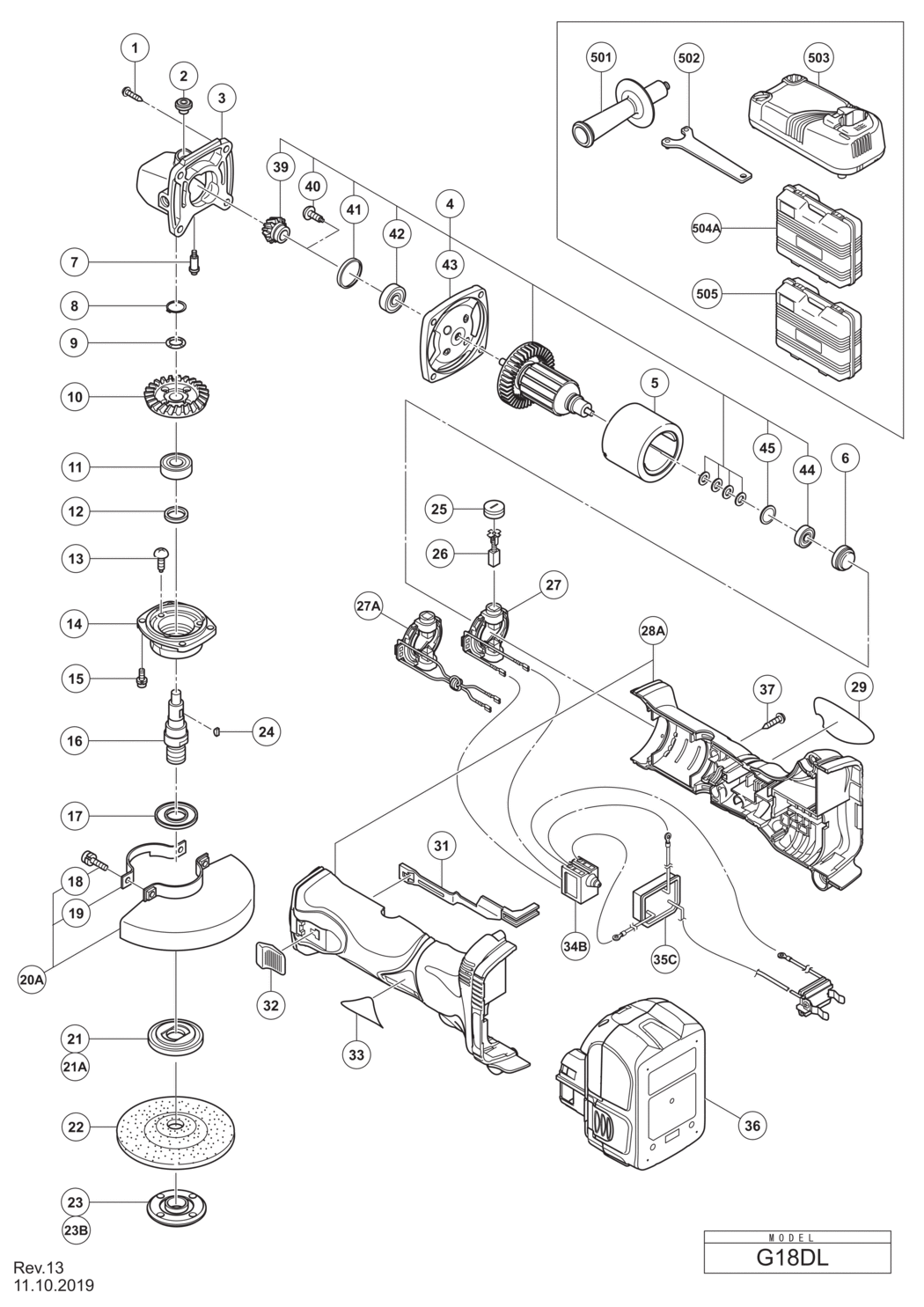 Hitachi / Hikoki G18DL Cordless Disc Grinder Spare Parts