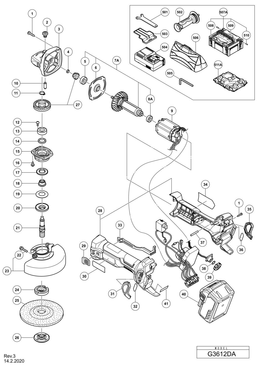 Hitachi / Hikoki G3612DA Cordless Disc Grinder Spare Parts