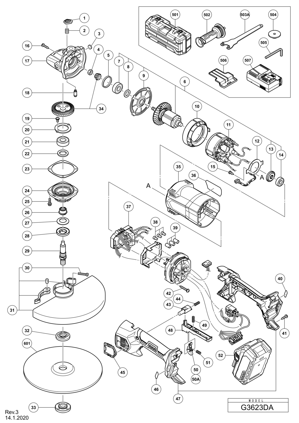 Hitachi / Hikoki G3623DA Cordless Disc Grinder Spare Parts