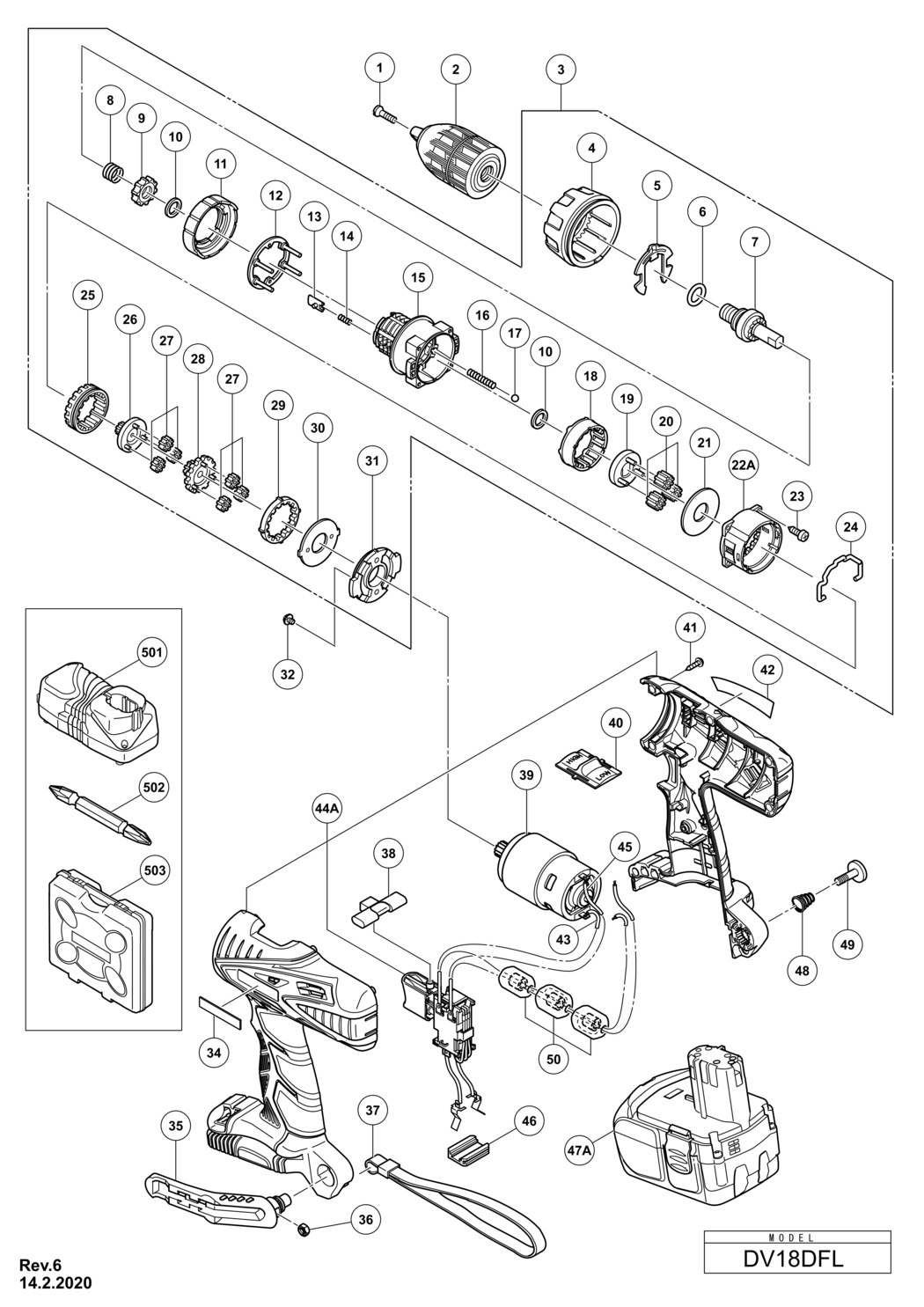 Hitachi / Hikoki DV18DFL Cordless Impact Drill Spare Parts