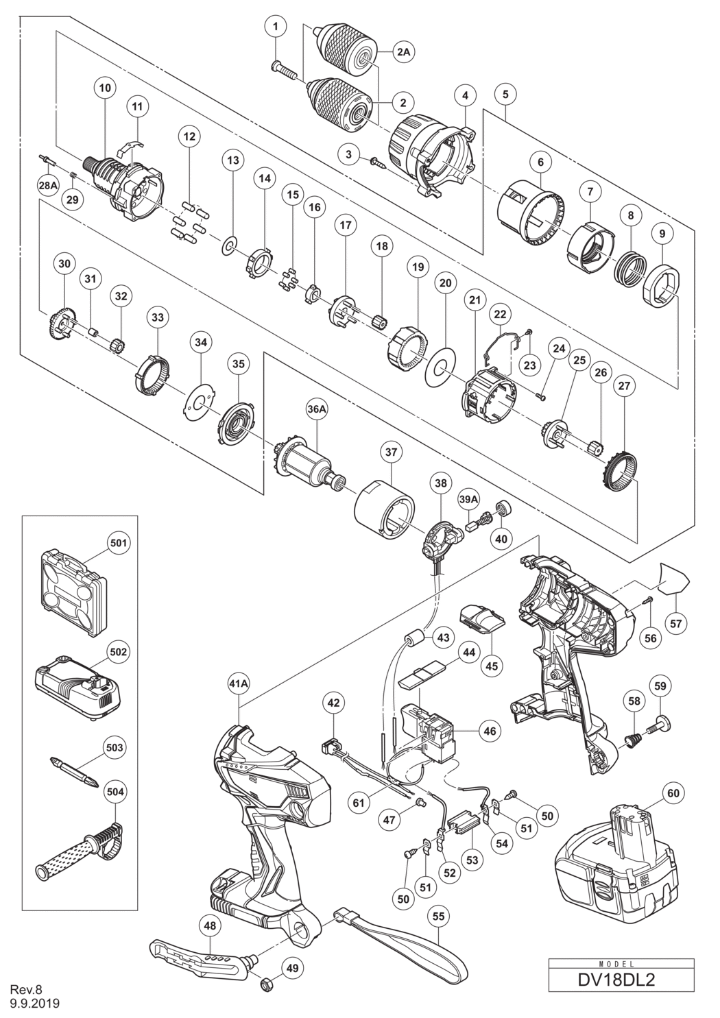 Hitachi / Hikoki DV18DL2 Cordless Impact Drill Spare Parts