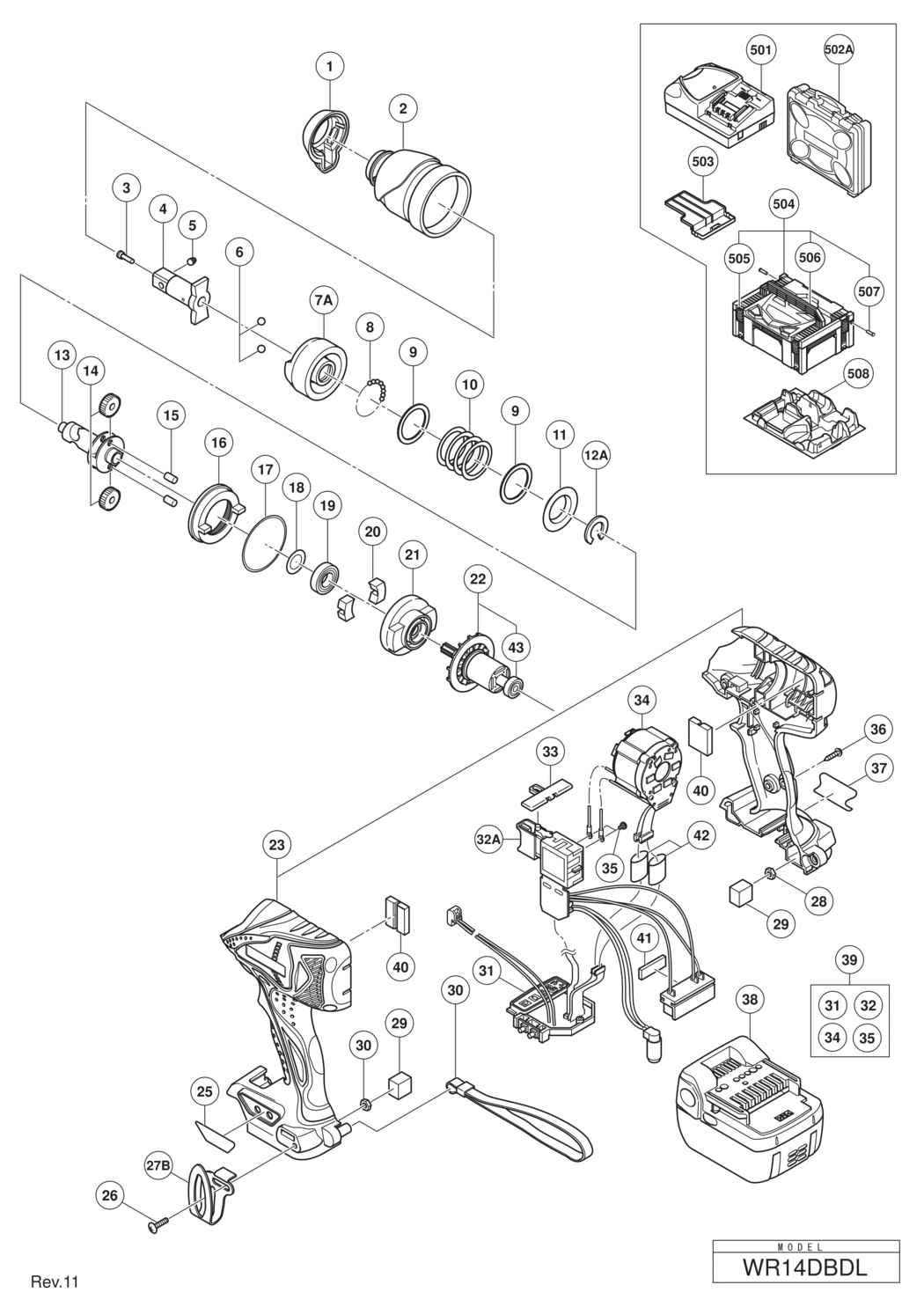 Hitachi / Hikoki WR14DBDL Cordless Impact Wrench Spare Parts