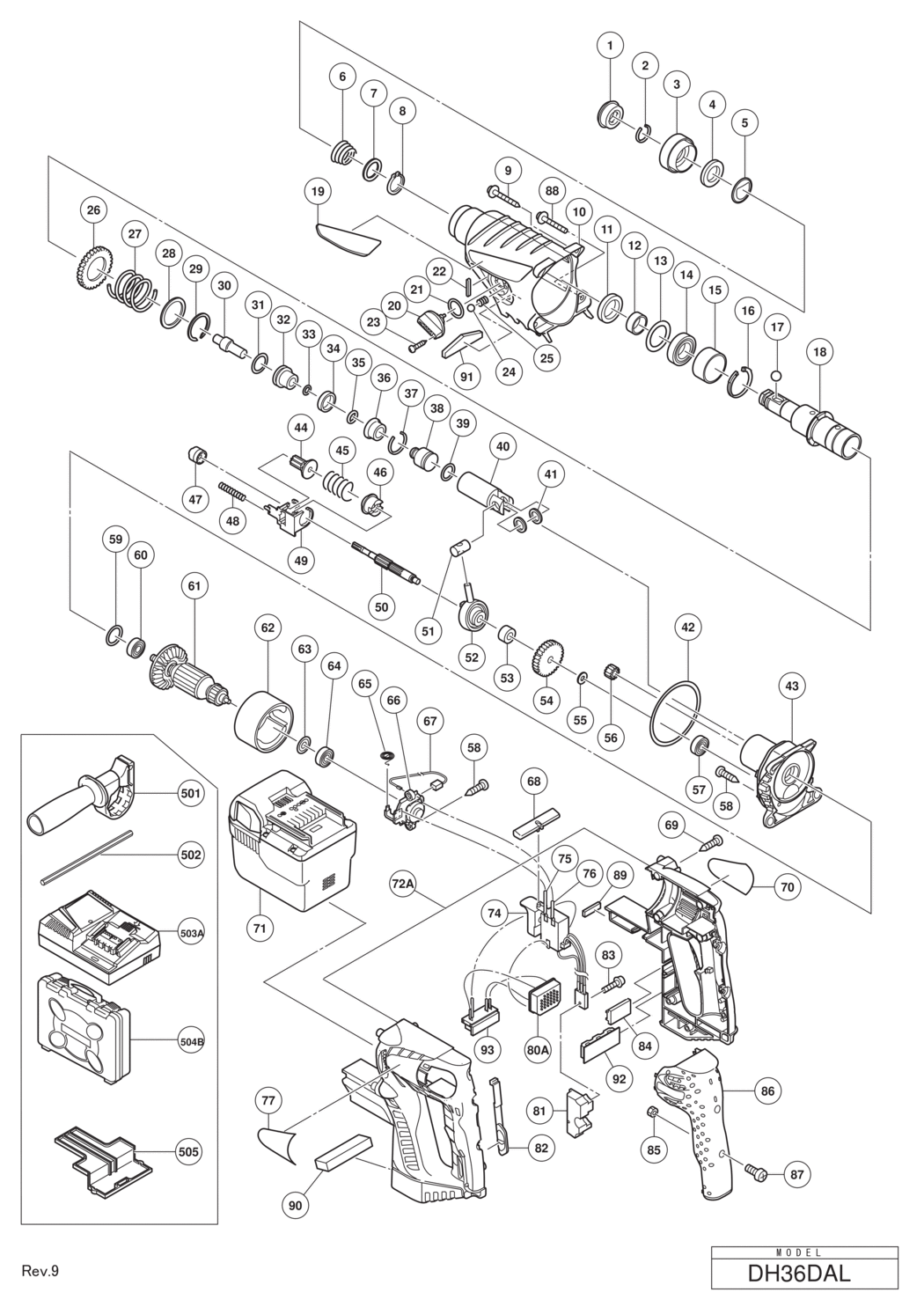 Hitachi / Hikoki DH36DAL Cordless Rotary Hammer Spare Parts