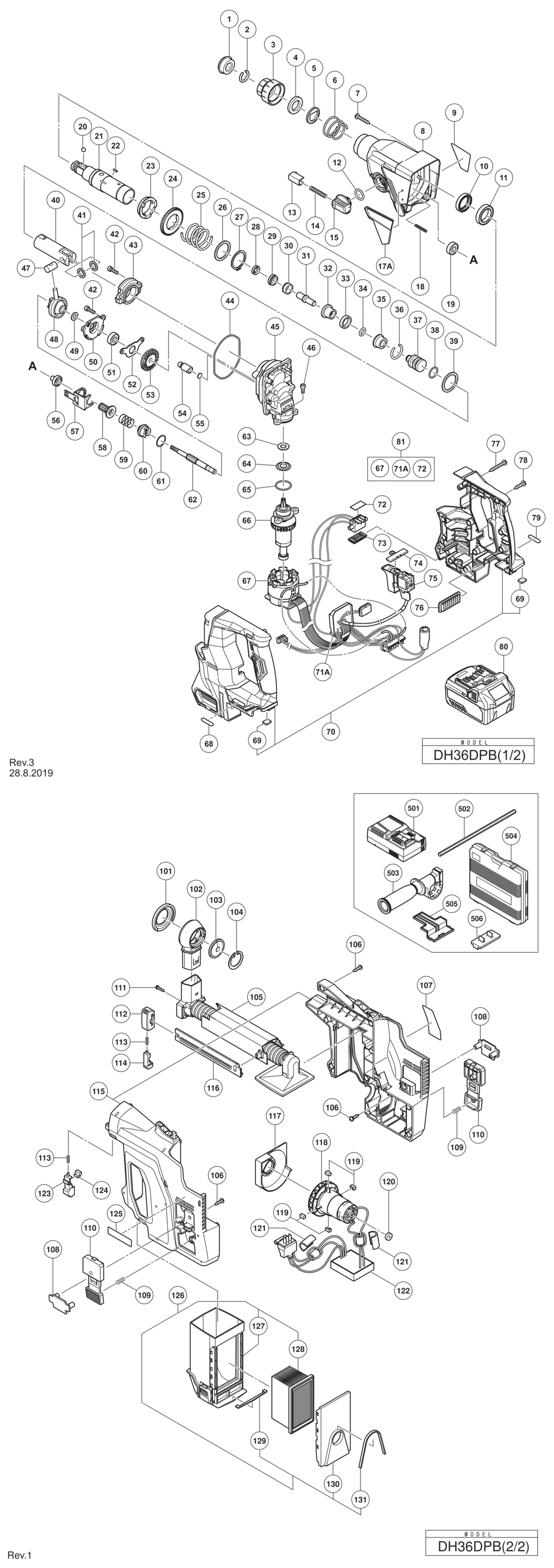 Hitachi / Hikoki DH36DPB Cordless Rotary Hammer Spare Parts