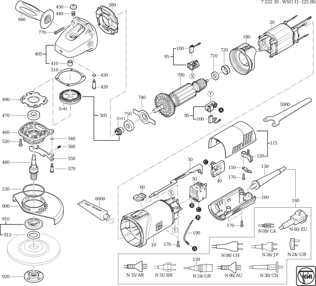 Fein WSG 11-125 ʋ) ⡐/60Hz 220/230V) / 72223024230 Spare Parts